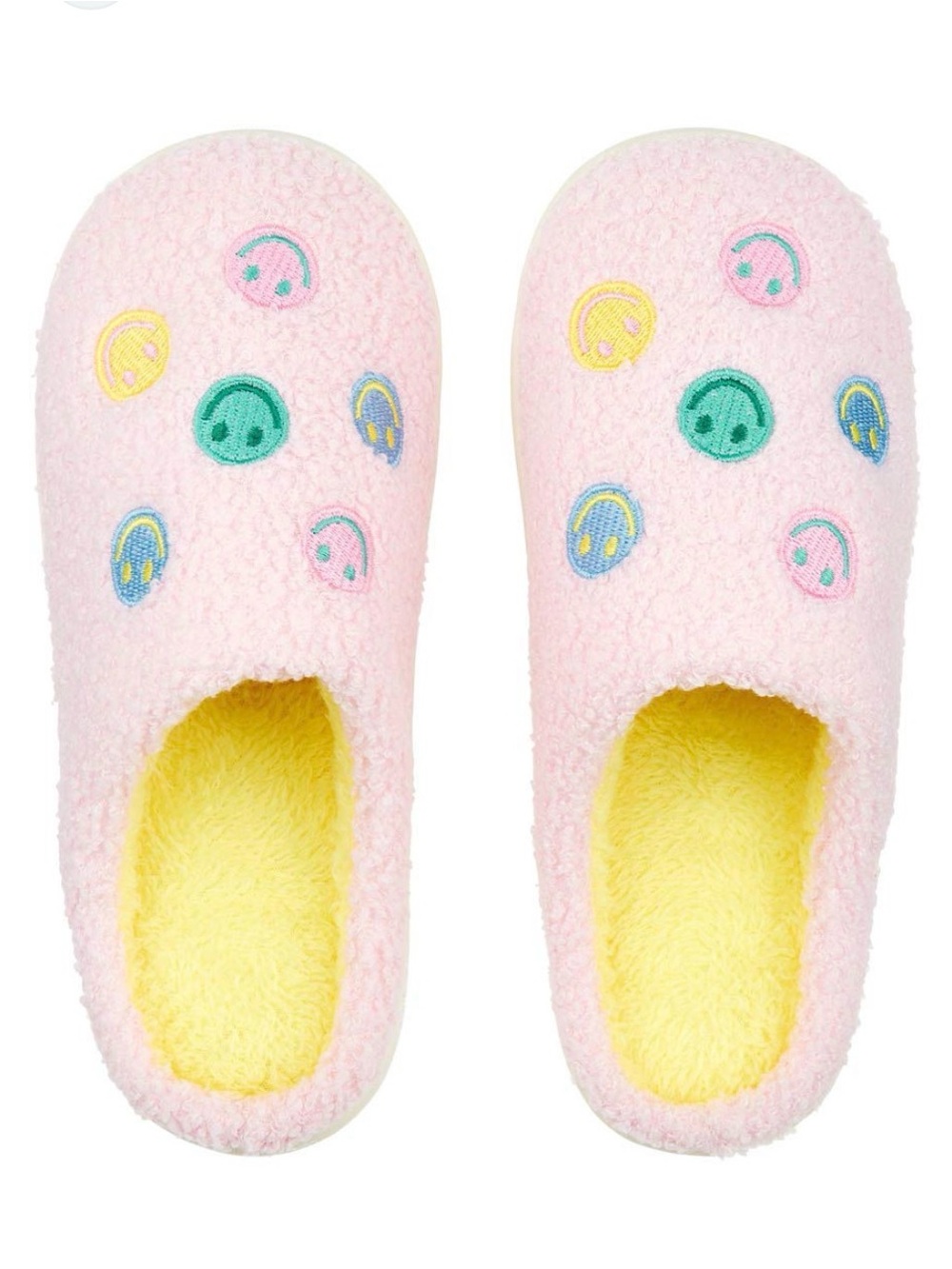 Smiley Face Pink Fuzzy Slip-On Slippers with Yellow Lining- New 9/10